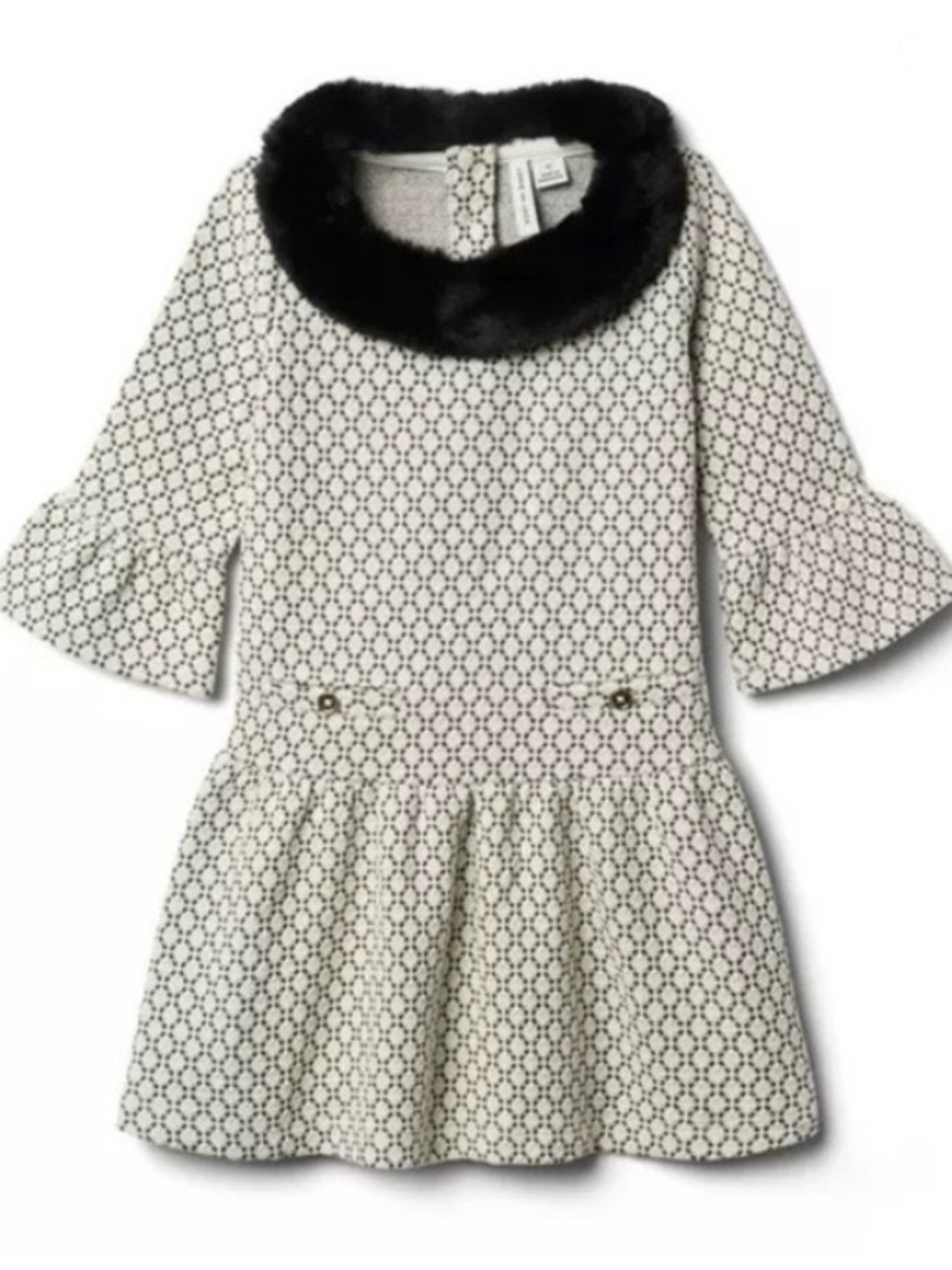 Janie and Jack Metallic Weave Patterned Dress with Black Faux Fur Collar